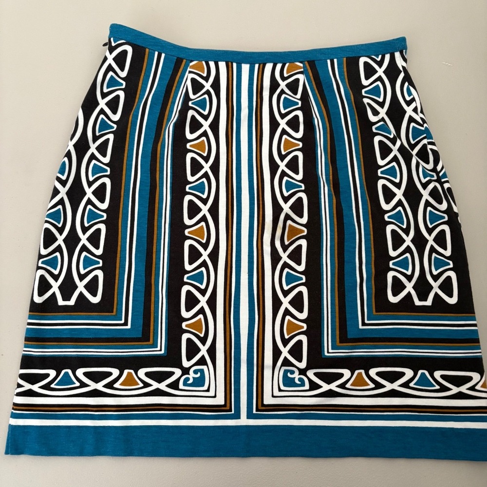 Ann Taylor Loft Teal Blue Geometric Border Print Jersey Mini Skirt Size 0 Office - Picture 5 of 7